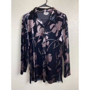 Vintage Joden Womens Velvet Floral Long Sleeve Button Up Top Size Medium Black